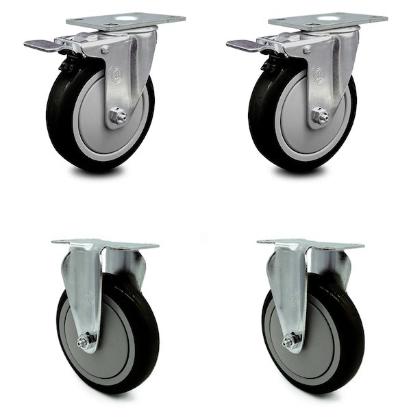 5 Inch Black Polyurethane Swivel Top Plate Caster Lock Brakes 2 Rigid SCC, 2PK